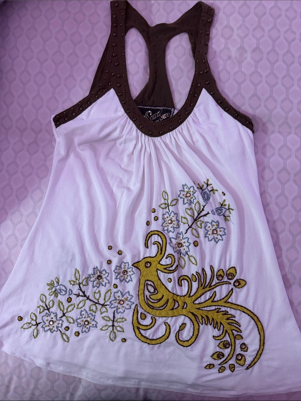 Soul Revival White Racerback Tank with Brown Trim & Yellow Embroidered Bird